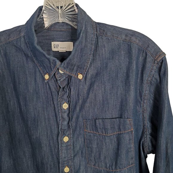 Gap Mens Size M Shirt Untucked Fit Denim Chambray Dark Wash Long Sleeve Cotton - Picture 8 of 9